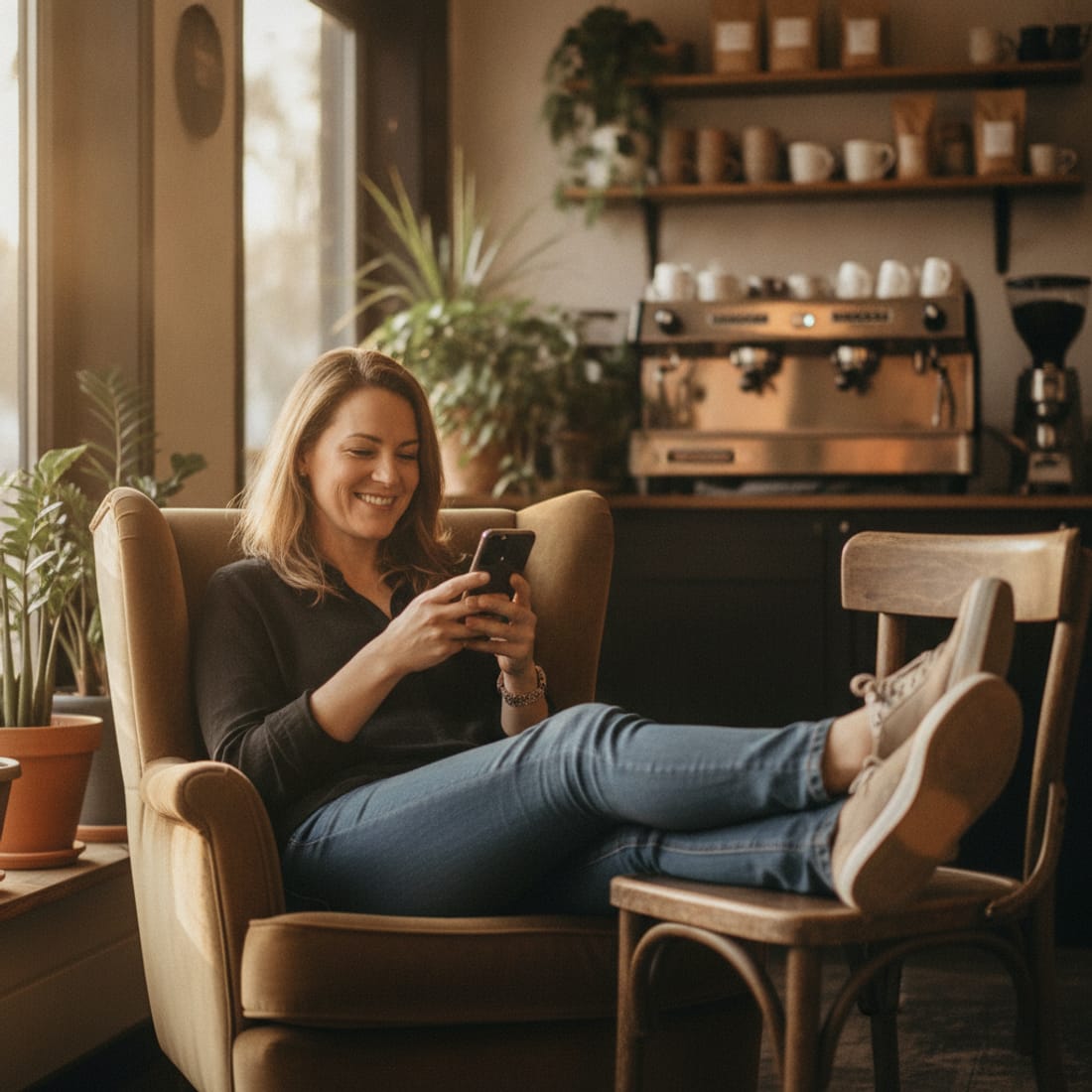 A relaxed bar owner greeting a regular