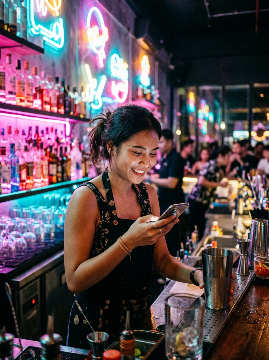 A bartender on a good shift behind a neon bar