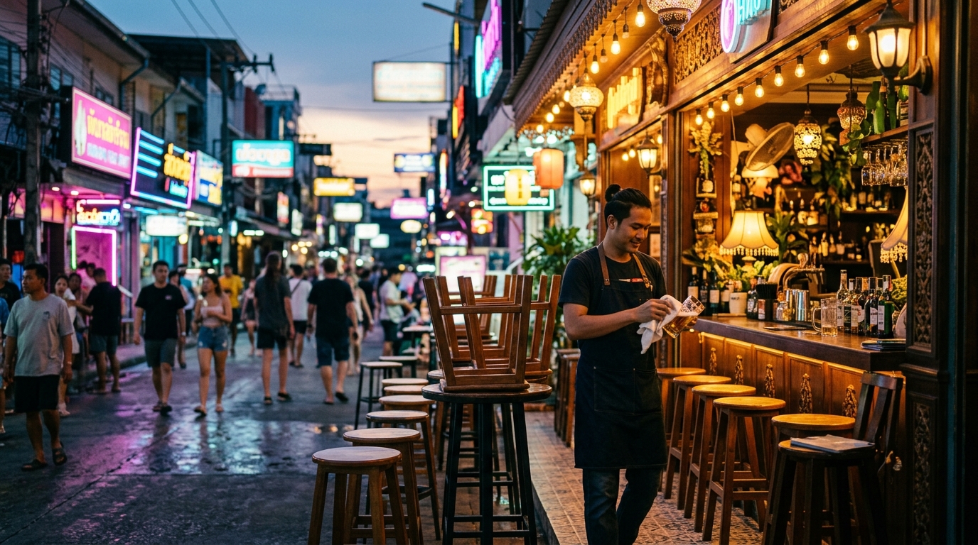 A Pattaya bar street at dusk as the neon comes on